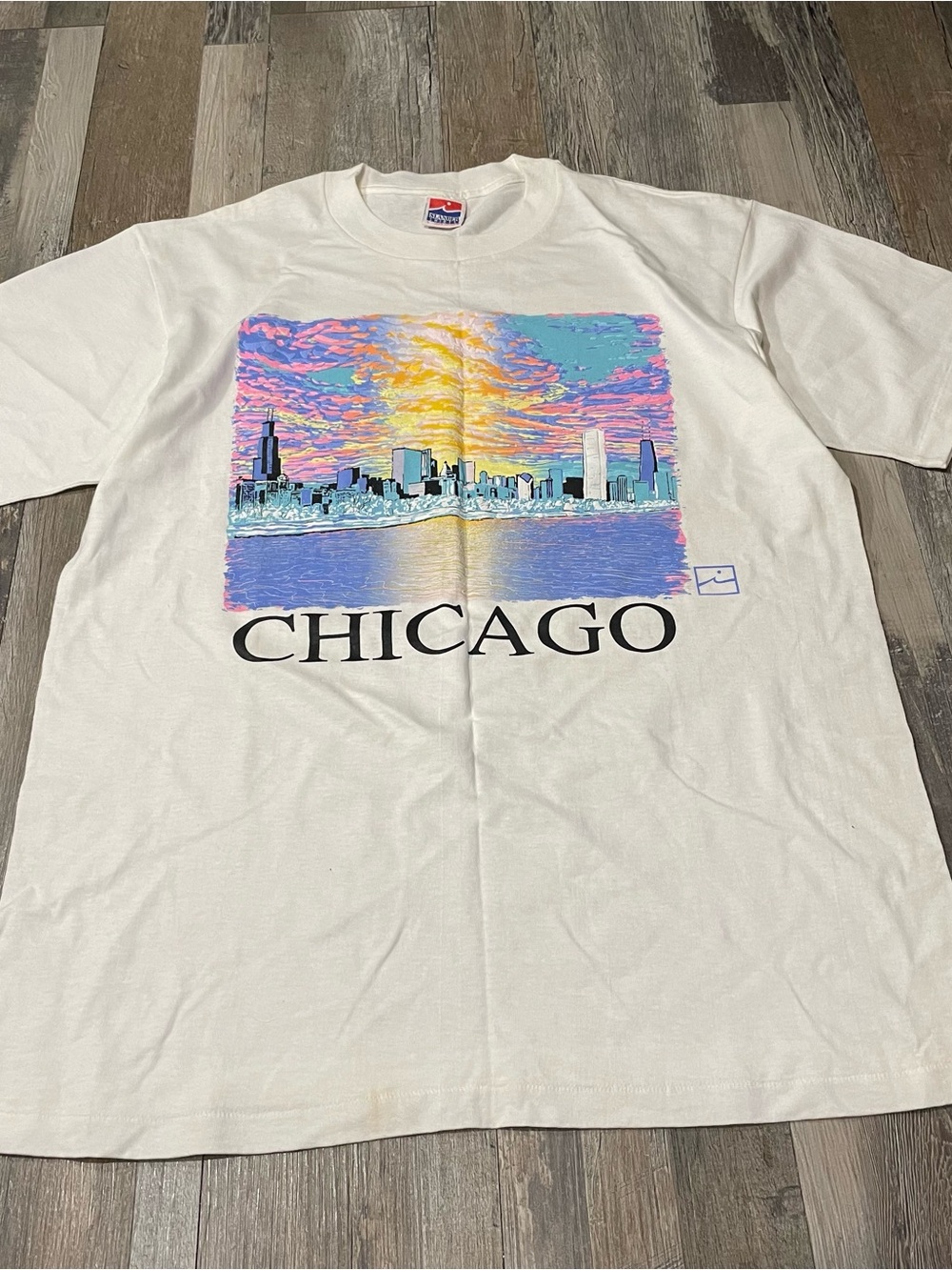 Islander White Chicago Skyline Tee with Multicolor Sunset Print 90s Vintage